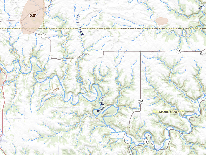Radar-estimated hail-size map of the storm over Lanesboro, MN on May 17, 2026