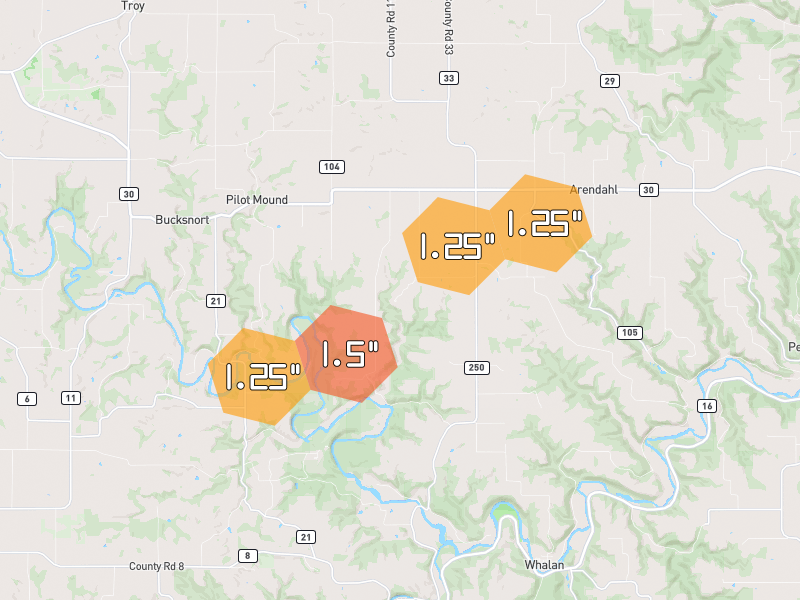 Hail map of Lanesboro, MN on Jul 2, 2026, hail up to 1.5"