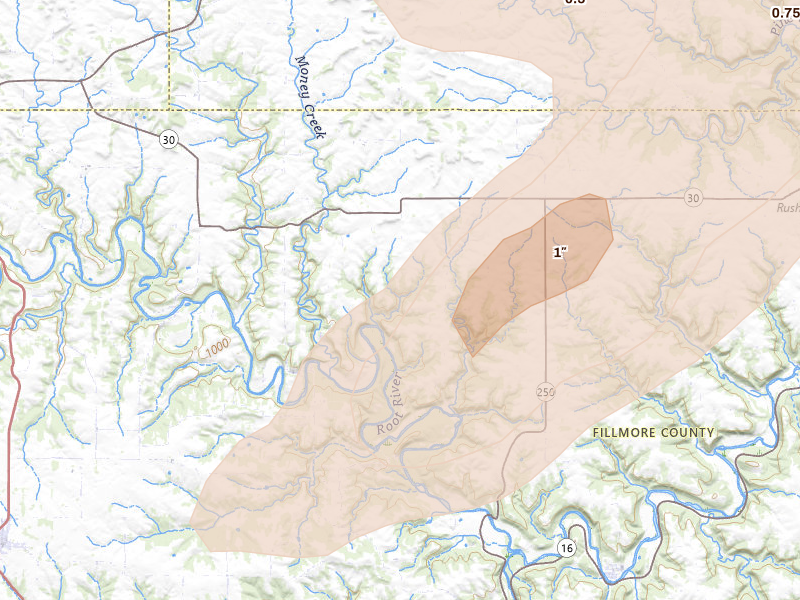 Radar-estimated hail-size map of the storm over Lanesboro, MN on Sep 1, 2026