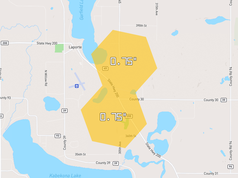Hail map of Laporte, MN on Jun 5, 2026, hail up to 0.75"
