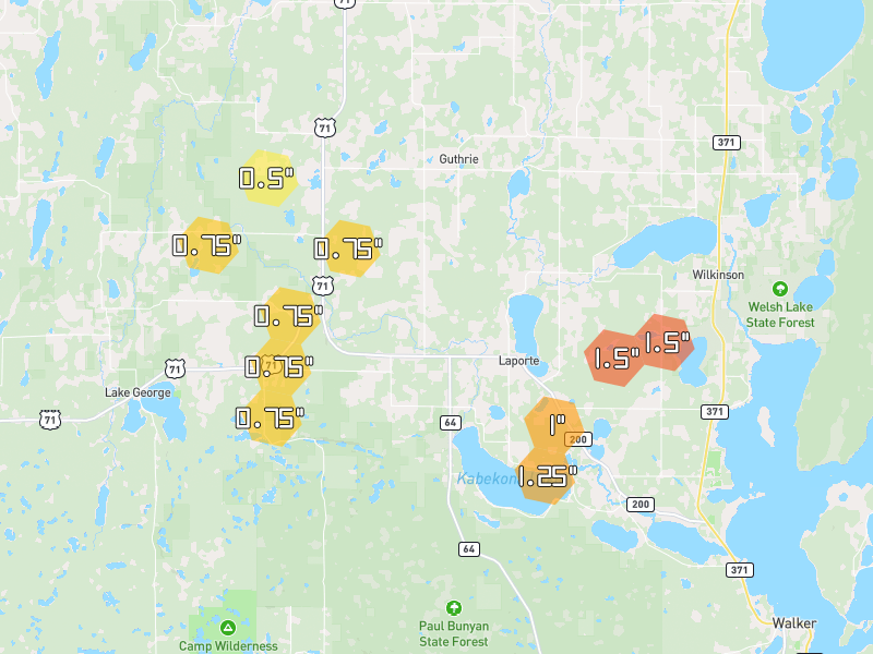 Hail map of Laporte, MN on Jun 29, 2026, hail up to 1.5"