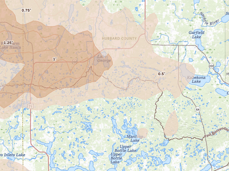 Radar-estimated hail-size map of the storm over Laporte, MN on Aug 6, 2026