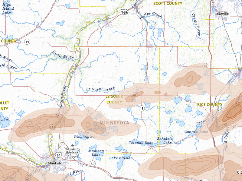 Radar-estimated hail-size map of the storm over Le Center, MN on Apr 13, 2026