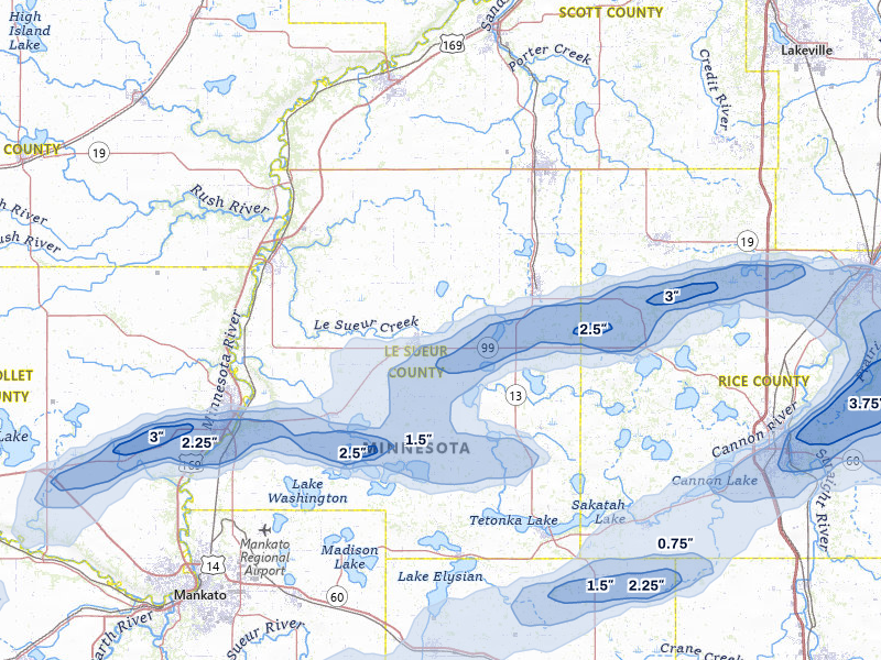 NEXRAD radar-signature map of the hail over Le Center, MN