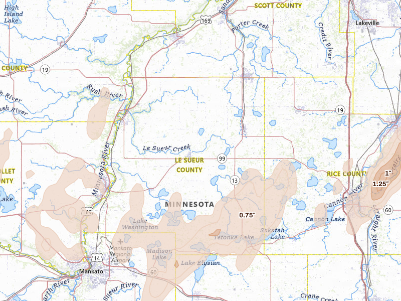 Radar-estimated hail-size map of the storm over Le Center, MN on Apr 17, 2026