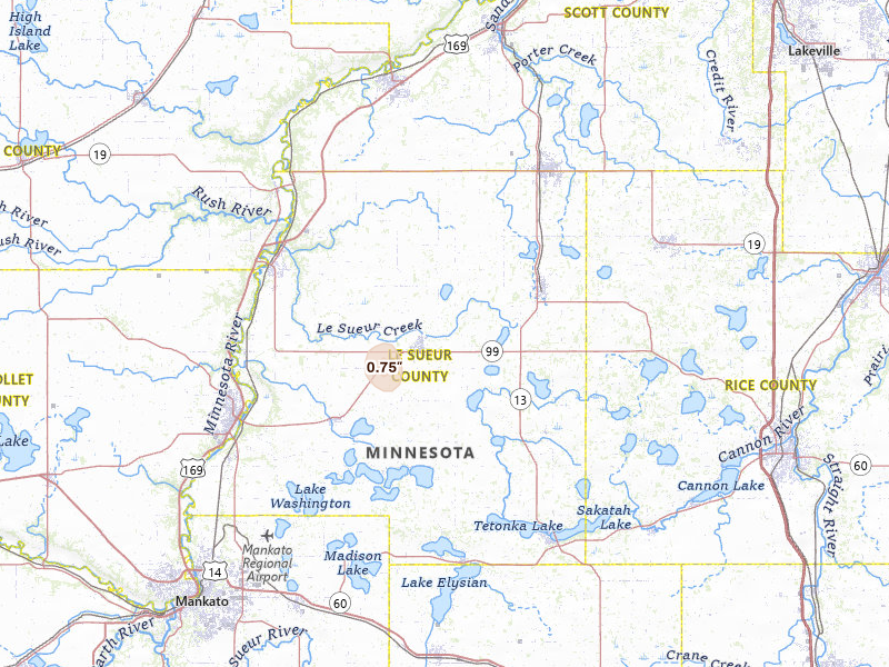 Radar-estimated hail-size map of the storm over Le Center, MN on Jul 4, 2026