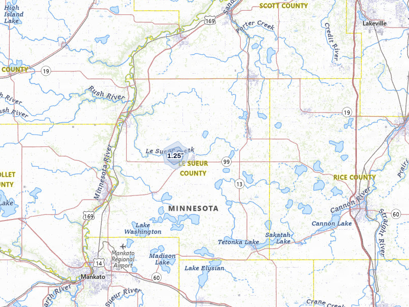 NEXRAD radar-signature map of the hail over Le Center, MN