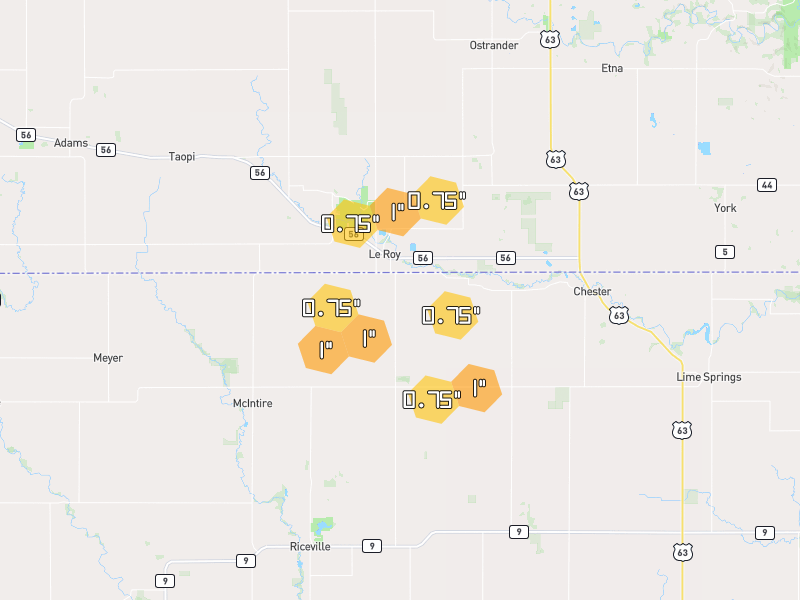 Hail map of Le Roy, MN on Jul 2, 2026, hail up to 1"