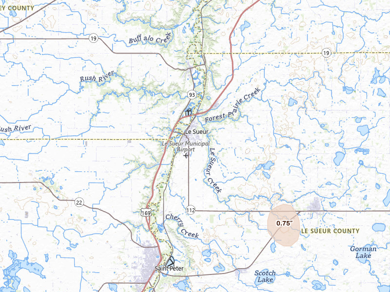 Radar-estimated hail-size map of the storm over Le Sueur, MN on Jul 4, 2026