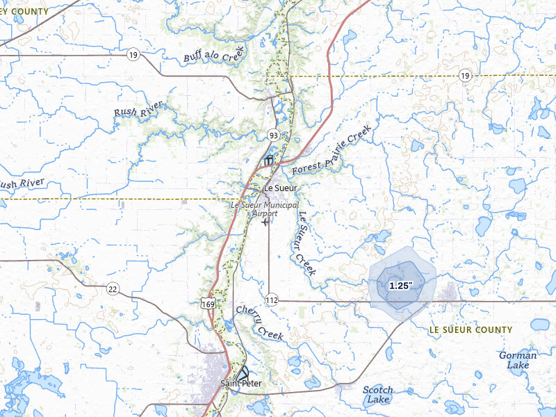 NEXRAD radar-signature map of the hail over Le Sueur, MN