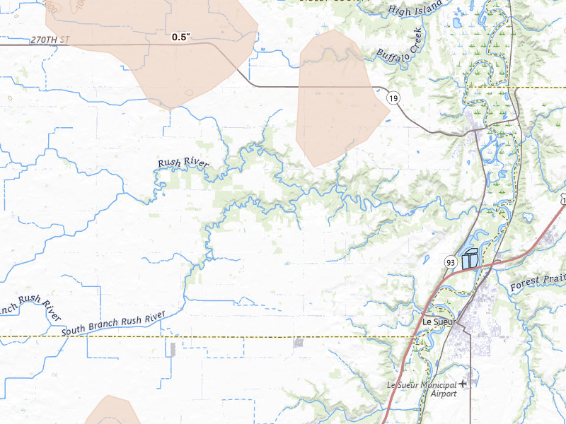 Radar-estimated hail-size map of the storm over Le Sueur, MN on Aug 8, 2026