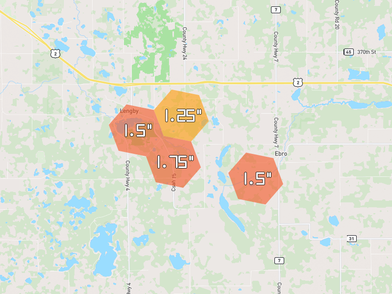 Hail map of Lengby, MN on Jul 3, 2026, hail up to 1.75"
