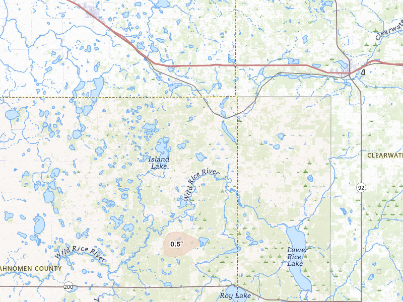 Radar-estimated hail-size map of the storm over Lengby, MN on Jul 30, 2026