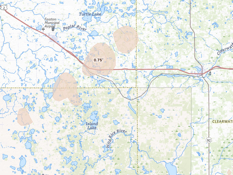 Radar-estimated hail-size map of the storm over Lengby, MN on Aug 3, 2026
