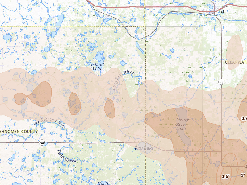 Radar-estimated hail-size map of the storm over Lengby, MN on Aug 6, 2026