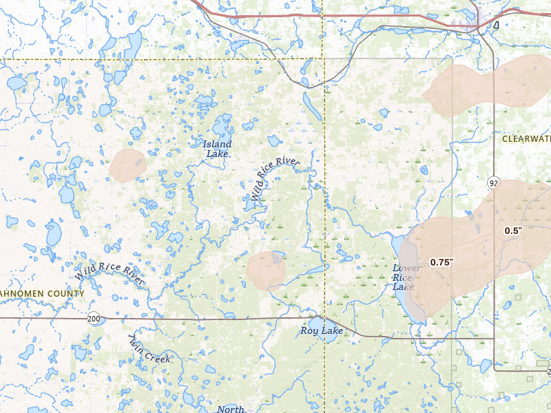 Radar-estimated hail-size map of the storm over Lengby, MN on Aug 17, 2026