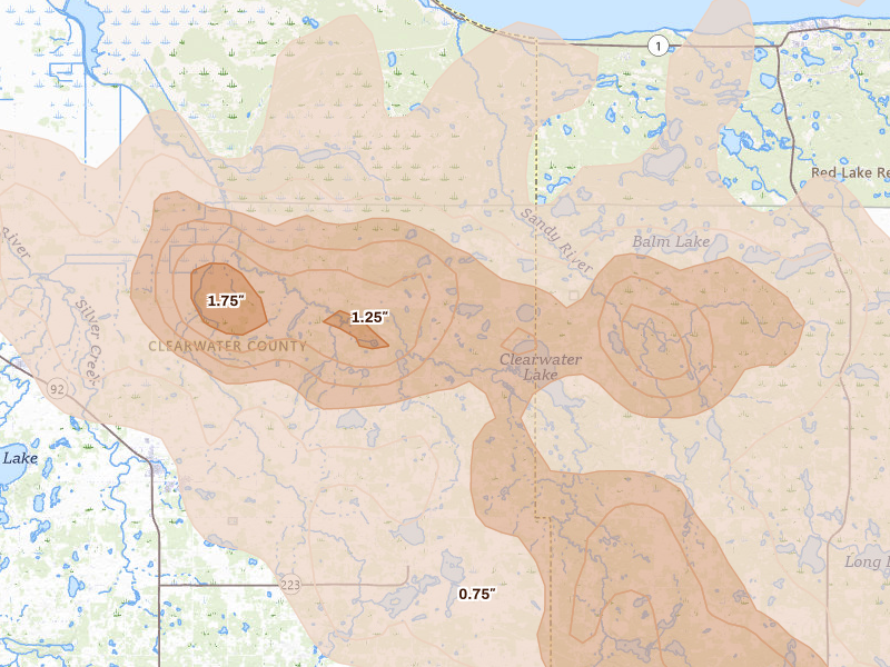 Radar-estimated hail-size map of the storm over Leonard, MN on Jul 24, 2026