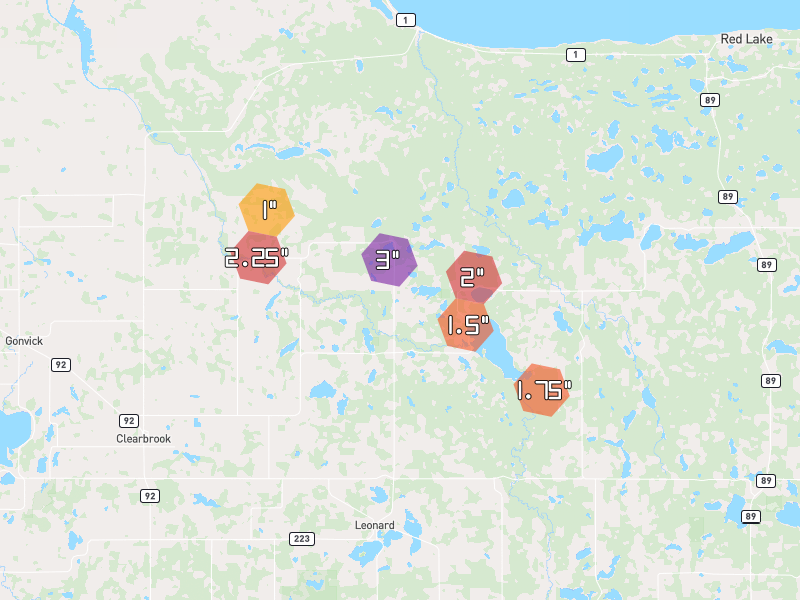 Hail map of Leonard, MN on Jul 25, 2026, hail up to 3"