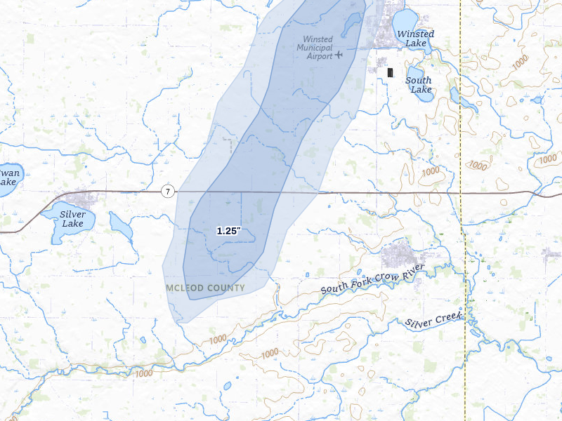 NEXRAD radar-signature map of the hail over Lester Prairie, MN