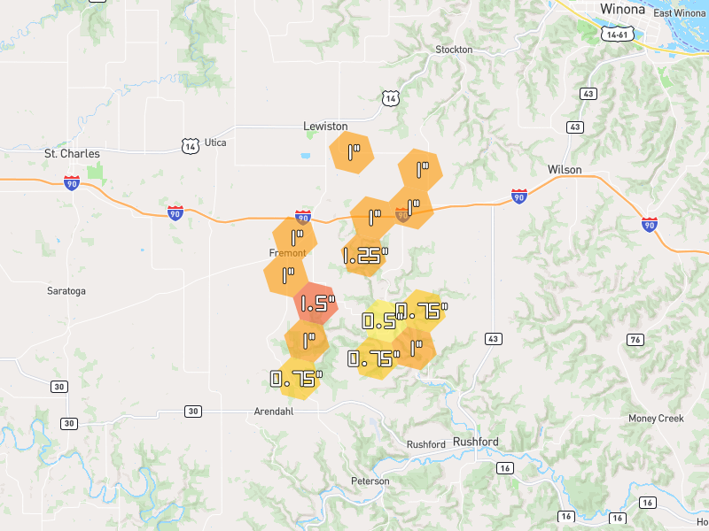 Hail map of Lewiston, MN on Jul 1, 2026, hail up to 1.5"