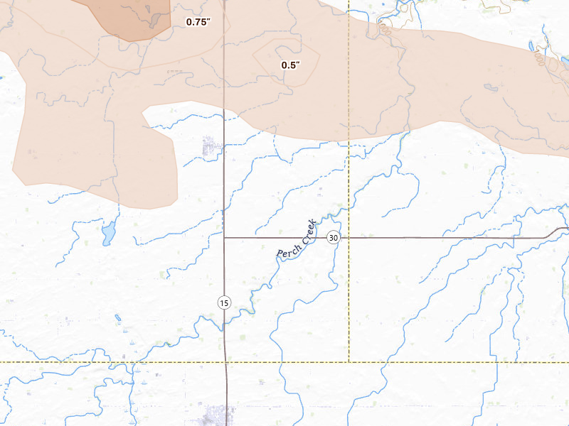 Radar-estimated hail-size map of the storm over Lewisville, MN on Aug 8, 2026