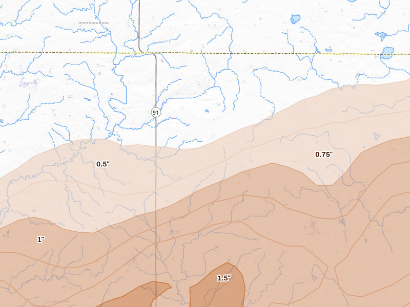 Radar-estimated hail-size map of the storm over Lismore, MN on May 17, 2026