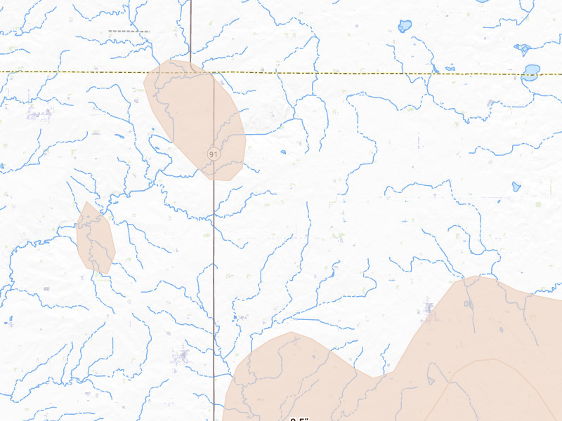Radar-estimated hail-size map of the storm over Lismore, MN on Jun 27, 2026