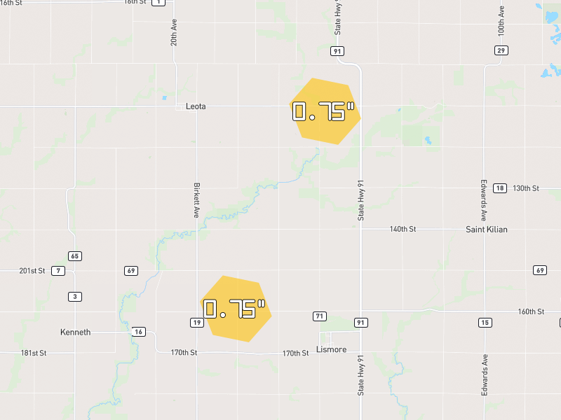Hail map of Lismore, MN on Jun 30, 2026, hail up to 0.75"