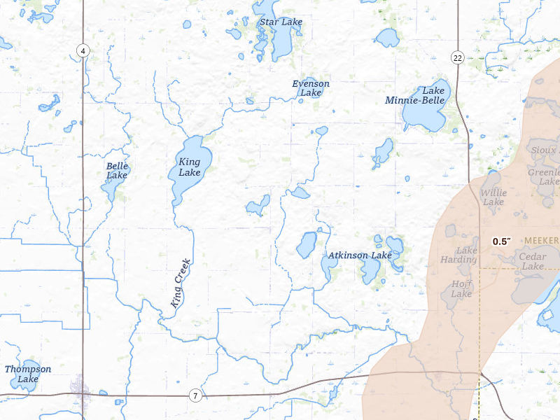 Radar-estimated hail-size map of the storm over Litchfield, MN on Apr 23, 2026