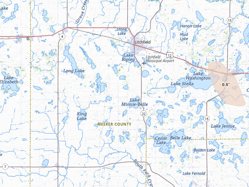 Radar-estimated hail-size map of the storm over Litchfield, MN on Jun 7, 2026
