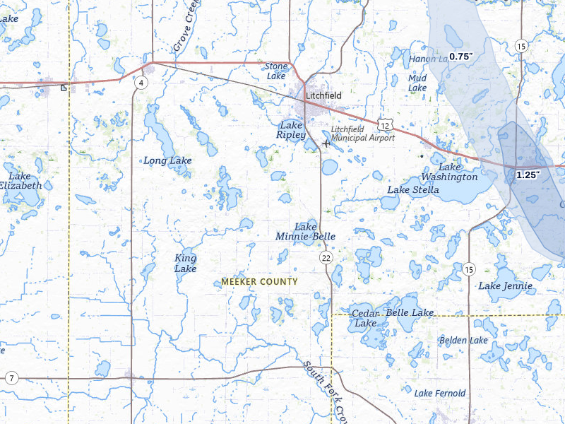 NEXRAD radar-signature map of the hail storm over Litchfield, MN on Jun 7, 2026