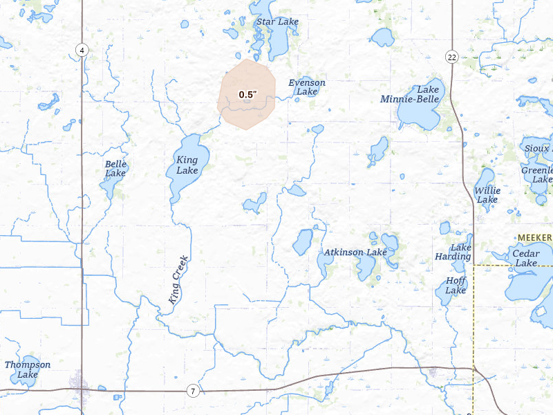Radar-estimated hail-size map of the storm over Litchfield, MN on Jun 9, 2026