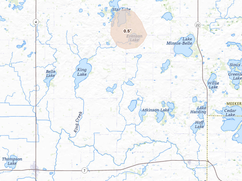 Radar-estimated hail-size map of the storm over Litchfield, MN on Jul 7, 2026