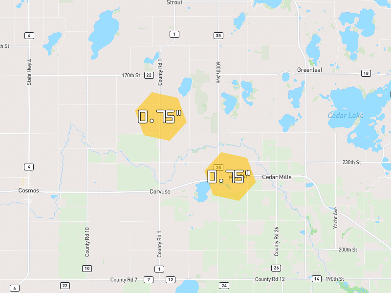 Hail map of Litchfield, MN on Jul 26, 2026, hail up to 0.75"