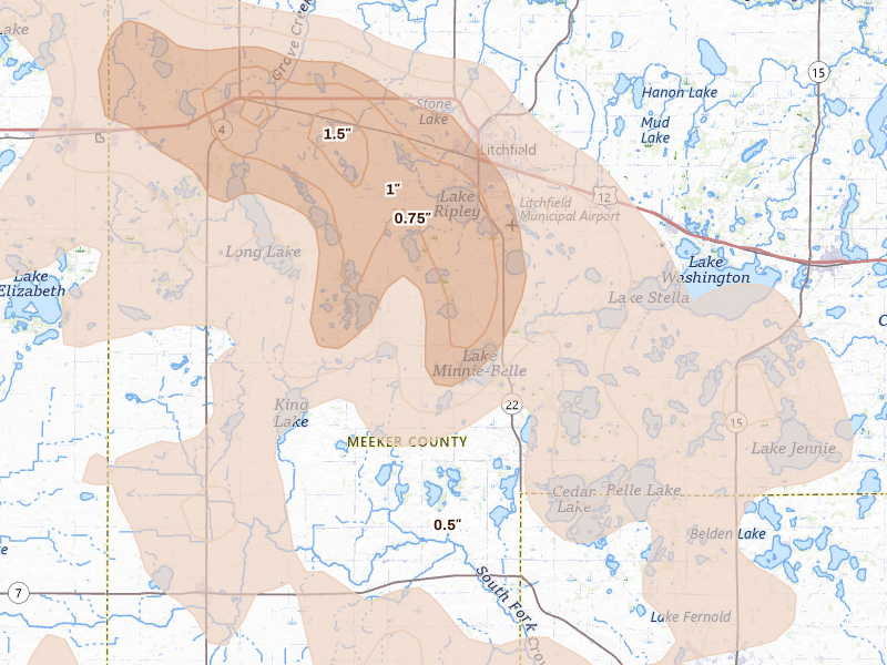 Radar-estimated hail-size map of the storm over Litchfield, MN on Aug 7, 2026