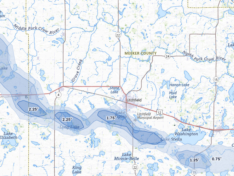 NEXRAD radar-signature map of the hail storm over Litchfield, MN on Aug 7, 2026