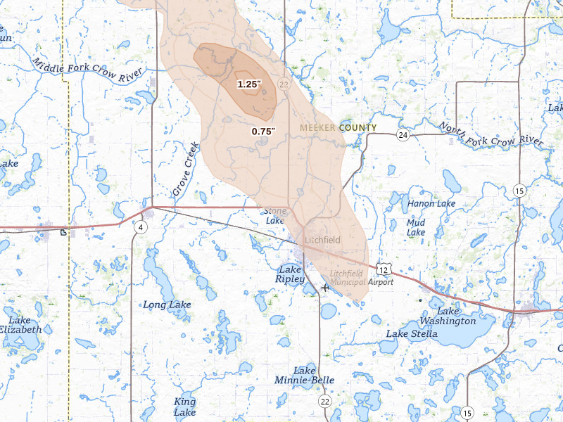Radar-estimated hail-size map of the storm over Litchfield, MN on Aug 20, 2026