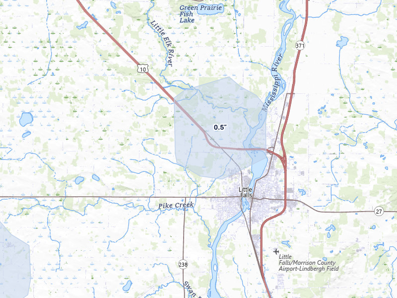 NEXRAD radar-signature map of the hail storm over Little Falls, MN on May 11, 2026