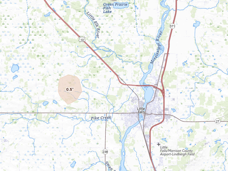 Radar-estimated hail-size map of the storm over Little Falls, MN on Jul 7, 2026