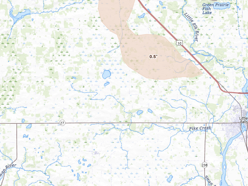 Radar-estimated hail-size map of the storm over Little Falls, MN on Aug 17, 2026