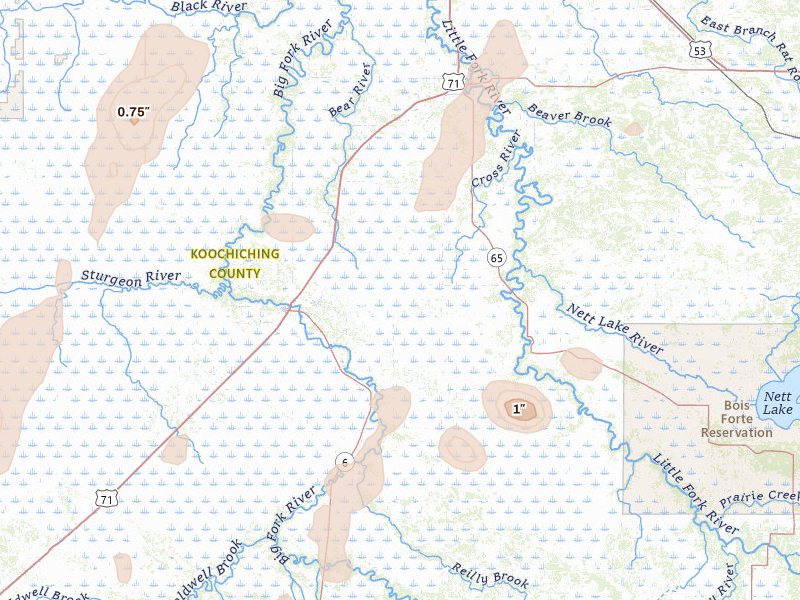 Radar-estimated hail-size map of the storm over Littlefork, MN on Jun 29, 2026
