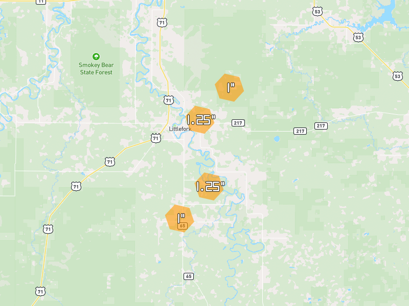 Hail map of Littlefork, MN on Jun 29, 2026, hail up to 1.25"