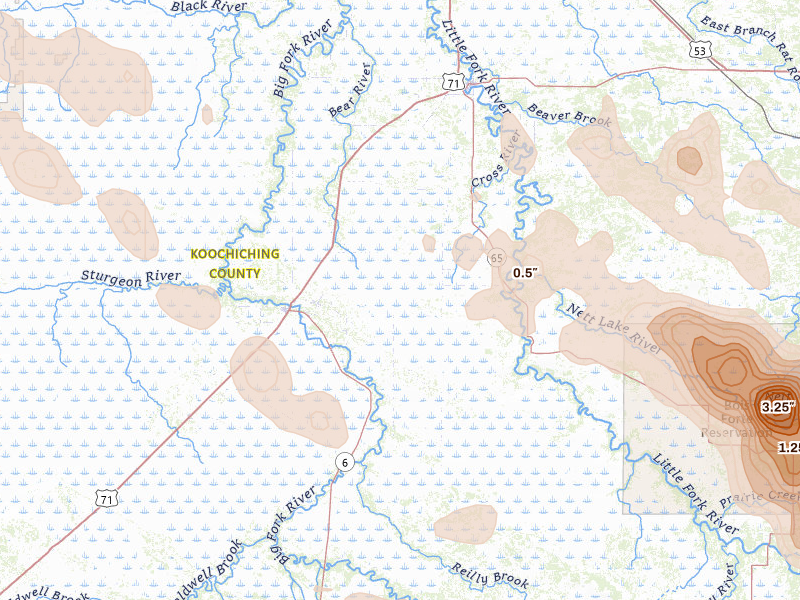 Radar-estimated hail-size map of the storm over Littlefork, MN on Jul 26, 2026