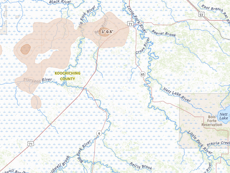 Radar-estimated hail-size map of the storm over Littlefork, MN on Jul 30, 2026