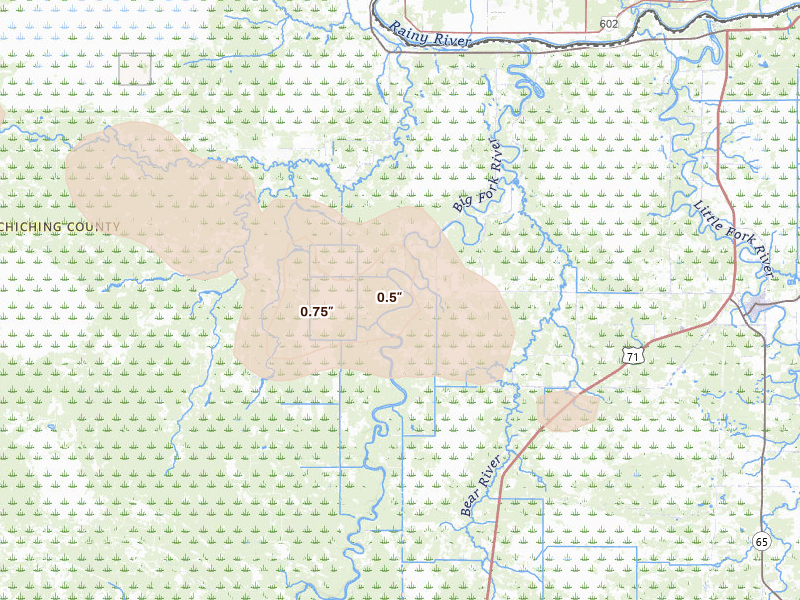 Radar-estimated hail-size map of the storm over Littlefork, MN on Aug 6, 2026
