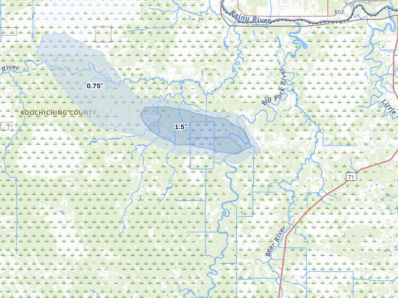 NEXRAD radar-signature map of the hail storm over Littlefork, MN on Aug 6, 2026