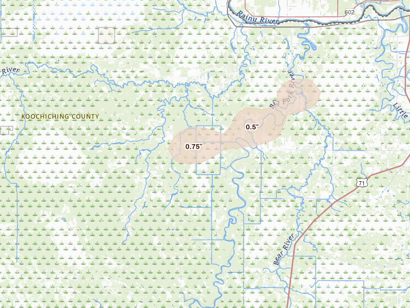 Radar-estimated hail-size map of the storm over Littlefork, MN on Aug 17, 2026