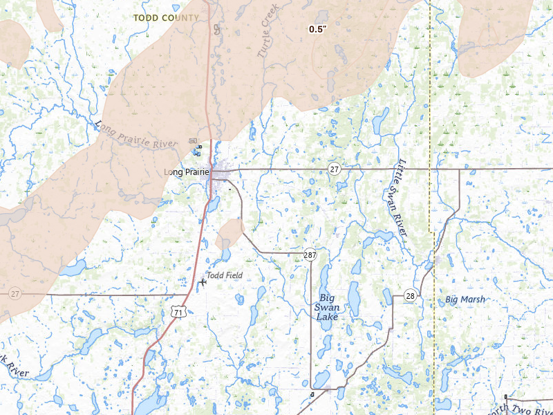 Radar-estimated hail-size map of the storm over Long Prairie, MN on Jun 29, 2026