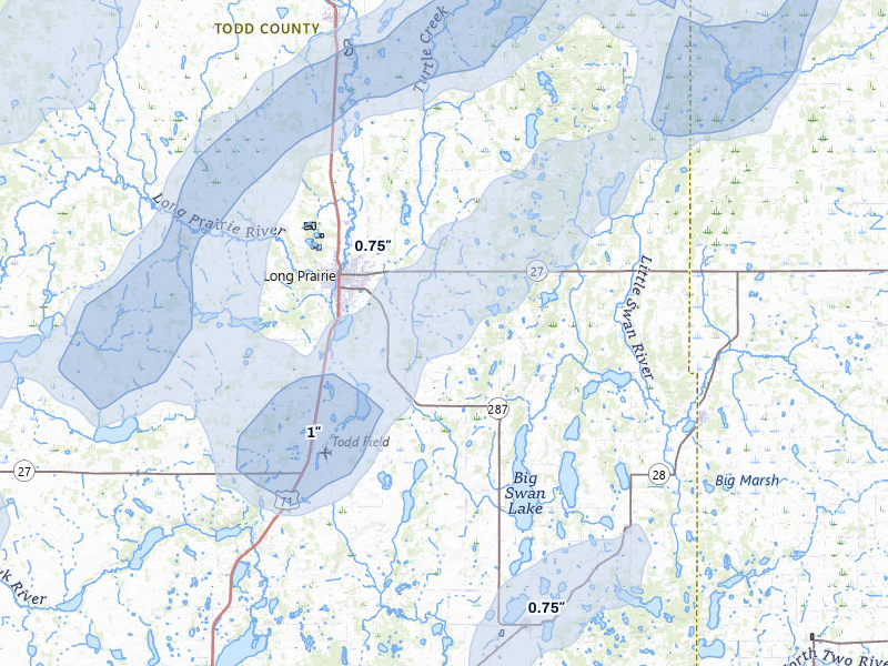 NEXRAD radar-signature map of the hail storm over Long Prairie, MN on Jun 29, 2026