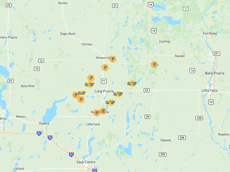 Hail map of Long Prairie, MN on Jun 30, 2026, hail up to 1"